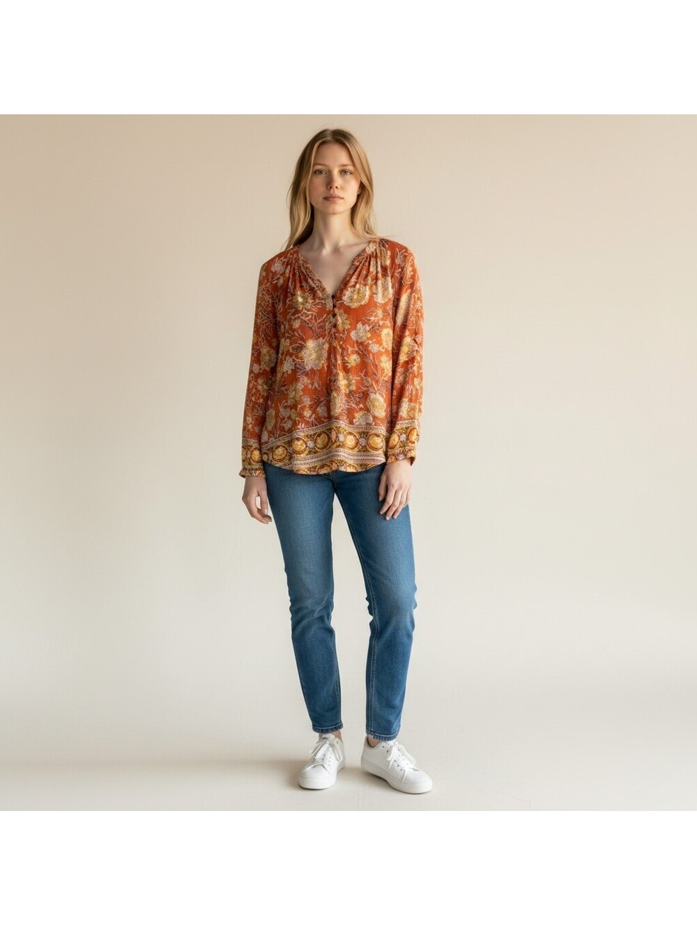 Lucky Brand Blouse Women L Large Brown Floral V-Neck Long Sleeve Button Casual